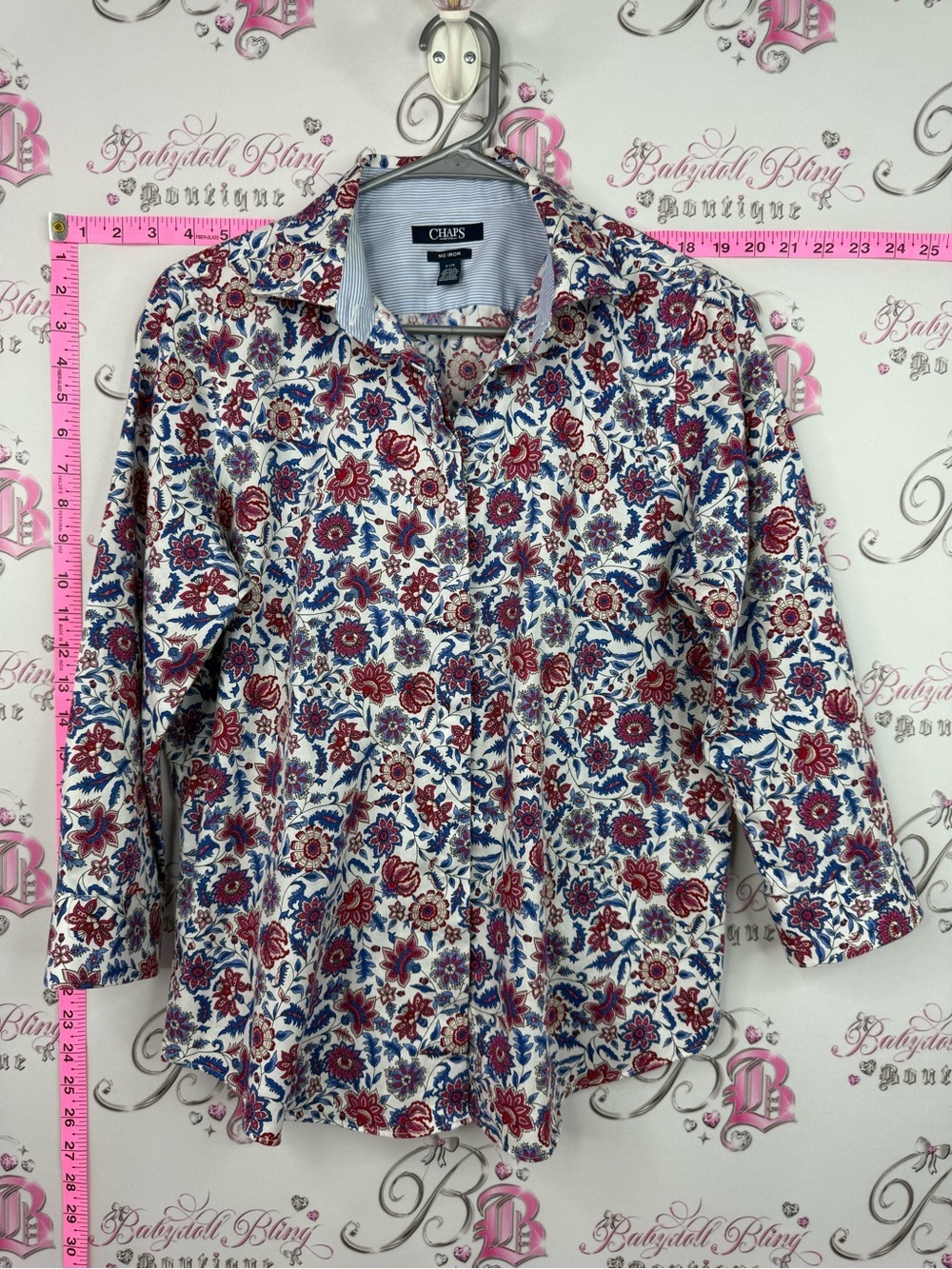 Chaps White Floral Button-Up Shirt with Red & Blue Flowers